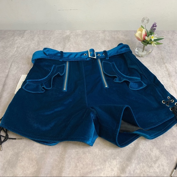 NWT SELF-PORTRAIT Velvet Peacock Blue Double Zip Shorts size 2 - Picture 3 of 15
